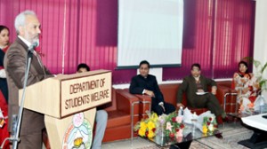 JU Vice-Chancellor Prof R D Sharma delivering a lecture during export awareness programme on Monday.