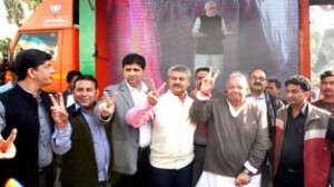BJP leaders launching 3D selfie campaigning at Jammu on Tuesday.