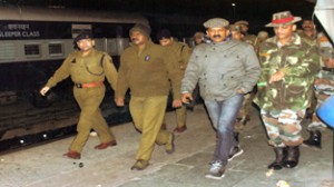 SP Railways Jammu Suram Singh and SP operations Jammu Udhay Bhaskar Billa during mock drill at Jammu Railway Station.