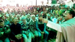 Balwant Singh Mankotia addressing a gathering of party workers on Saturday.