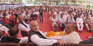 Ex-Minister Mula Ram and Ex-MLA Balwan Singh at a public meeting in Marh on Wednesday.
