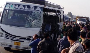 A passenger bus badly damaged in a road mishap at Chadwal on Monday. -Excelsior/Madan