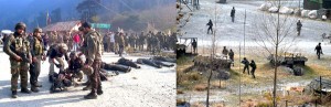 Army jawans with bodies of slain militants and troops in action at the site of encounter in Uri on Friday. -Excelsior pics by Aabid Nabi & Younis Khaliq