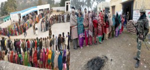 Long queues of voters at Nagrota (left) and ladies outside a polling station on the International Border in Arnia sector on Saturday. -Excelsior/Rakesh