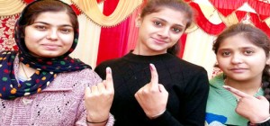 First time voters after exercising their right to franchise in Kathua on Saturday.