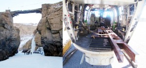 A view of unsafe wooden bridge over frozen Zanskar river and IAF chopper carrying material for construction of steel bridge at Neerak.