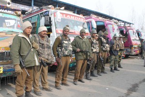 Para-military personnel before leaving for election duty in Shopian on Saturday. — Excelsior/Younis Khaliq