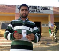 Anil Kumar displaying his EPIC outside the polling station at Malair in Reasi segment where he was not allowed to cast his vote. -Excelsior/Mengi