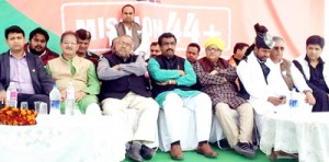 BJP leaders including Party national general secretary Ram Madhav at a public meeting at Chouadhi on Saturday.
