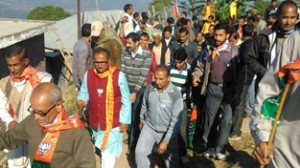 BJP candidate Dr Nirmal Singh campaigning in Billawar on Tuesday.