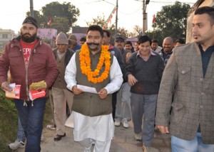 NC candidate for Jammu West, Dharamveer Singh Jamwal during campaigning on Tuesday.