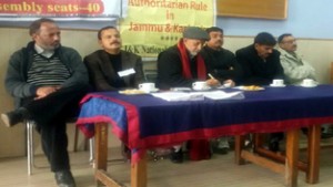 NPP leaders Prof Bhim Singh, Harshdev Singh and others at special meeting in Jammu on Sunday. -Excelsior/Rakesh