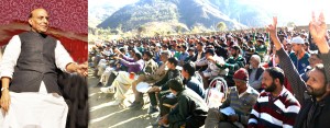 Union Home Minister Rajnath Singh addressing a public meeting at Thanna Mandi in Rajouri on Friday. -Excelsior/Bhat