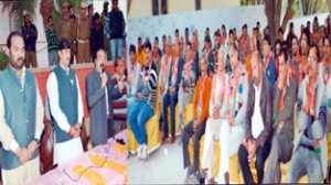 BJP senior leader, Ajatshatru Singh addressing a meeting of Panchs and Sarpanchs at Jammu on Sunday.