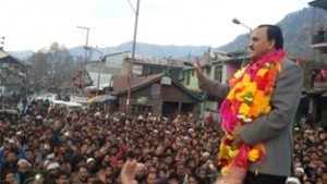 MLA, Ghulam Mohammad Saroori addressing public gathering at Kishtwar on Wednesday.