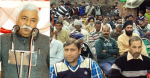 Ajay Sadhotra addressing a public meeting at Marh on Saturday. 