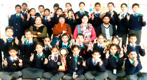 Winners of Taekwondo event posing for a group photograph at BSF School Paloura in Jammu.