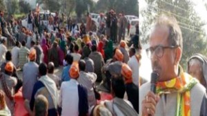 Dr Nirmal Singh addressing an election rally at Billawar on Friday. -Excelsior/ Madan