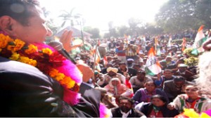 Cong candidate, R S Chib addressing public rally at R S Pura on Tuesday.