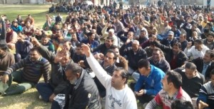 JU non-gazetted employees sitting on protest dharna in support of their demands on Tuesday.