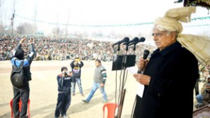 PDP patron Mufti Mohammad Sayeed addressing public gathering at Kokernag on Friday.    -Excelsior/Sajad Dar