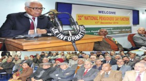 Governor N N Vohra addressing pensioners at Jammu on Wednesday..
