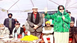 PDP president Mehbooba Mufti addressing a public meeting at Nagrota on Thursday.