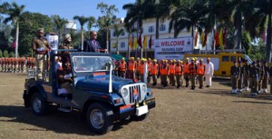 Principal Secretary Home, Suresh Kumar taking salute on the Raising Day of Civil Defence/Home Guard on Saturday.