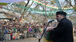 Member of Parliament Muzzafar Hussain Baig addressing a public meeting in Baramulla on Sunday.—Excelsior/ Aabid Nabi