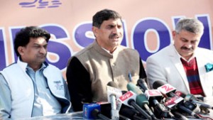 BJP President, Jugal Kishore Sharma addressing a press conference at Jammu on Wednesday. -Excelsior/Rakesh