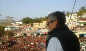 Chief Minister Omar Abdullah addressing election rally at Darhal on Tuesday.
