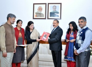 Union Minister Dr Jitendra Singh being handed over a memorandum by a deputation of RTI activists who called on him at his North Block office in New Delhi on Friday.