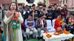 Renowned Punjabi film actress and director, Preeti Sapru campaigning in favour of BJP candidate at Jagti on Friday.