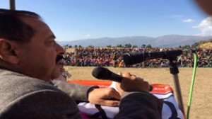 Union Minister Dr Jitendra Singh addressing a public meeting on the last day of campaigning for second phase on Sunday.