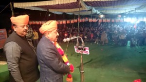 Union Minister in PMO, Dr Jitendra Singh addressing a poll rally in Vijaypur constituency on Thursday.  — Excelsior/Gautam