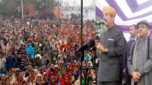 AICC leader Ghulam Nabi Azad addressing election rally at Khour on Thursday.
