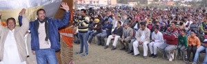 Housing Minister Raman Bhalla and Bollywood actor Mukesh Rishi during public rally on Monday.