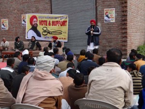 Retd SSP and independent candidate Bhupinder Singh during door to door campaign on Monday.