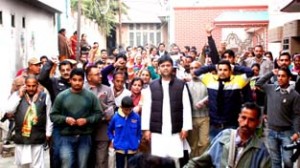 Vikram Malhotra, Congress candidate, Jammu East during door to door campaigning on Friday.