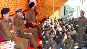 IGP Railways, M Sulaiman Salaria, hearing the grievance of a jawan during darbar at GRP Lines, at Jammu.