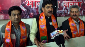 BJP President Jugal Kishore Sharma at a press conference at Jammu on Thursday. -Excelsior/Rakesh