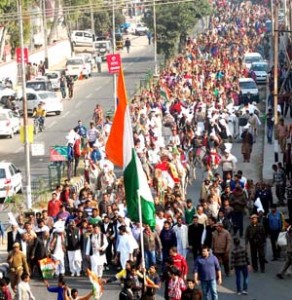 Cong candidate from Jammu East, Vikram Malhotra leading strong rally to MA Stadium on Wednesday.