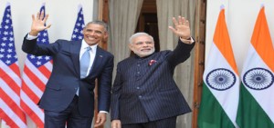 Prime Minister Narendra Modi with US President Barack Obama at Hyderabad House in New Delhi on Sunday. (Another pic on page 6)