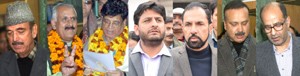 Ghulam Nabi Azad, Shamsher Singh Manhas, Chander Mohan Sharma, Nazir Ahmad Laway, Mir Mohammad Fayaz, Sajjad Kitchloo and Nasir Aslam Wani filing nomination papers for Rajya Sabha elections in Jammu on Wednesday. —Excelsior/Rakesh