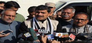 BJP leaders speaking to media after meeting Governor N N Vohra in Jammu on Thursday. —Excelsior/Rakesh