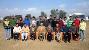 Fencing team of University of Jammu posing for a group photograph along with the dignitaries before leaving for Patiala in Punjab.