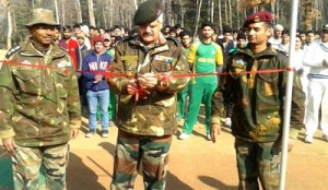 Army officer inaugurating Madhumati Premier League at Bandipora, Srinagar.-Excelsior/ Aabid Nabi