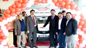 Dignitaries launching much-awaited sporty hatchback ‘Bolt’ at Jammu on Thursday.