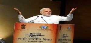 Prime Minister Narendra Modi delivering the inaugural address at Pravasi Bharatiya Divas at Mahatma Mandir in Gandhinagar on Thursday. (UNI)