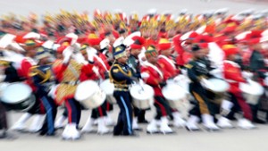Tri-Service band performing at the Beating the Retreat ceremony in New Delhi on Thursday.(UNI)